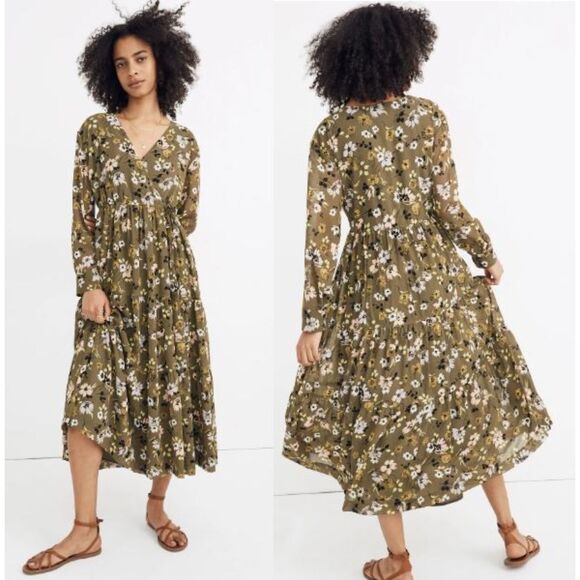 Madewell Floral Cinch-Waist Tiered Midi Dress Sz M Olive Green Wildblooms - Picture 1 of 12